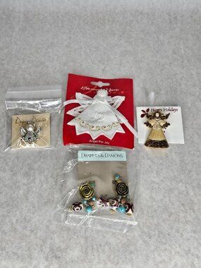 Drapers & Damons Crystal Angel Pin & Art Deco Earrings plus 2 Angel Pins